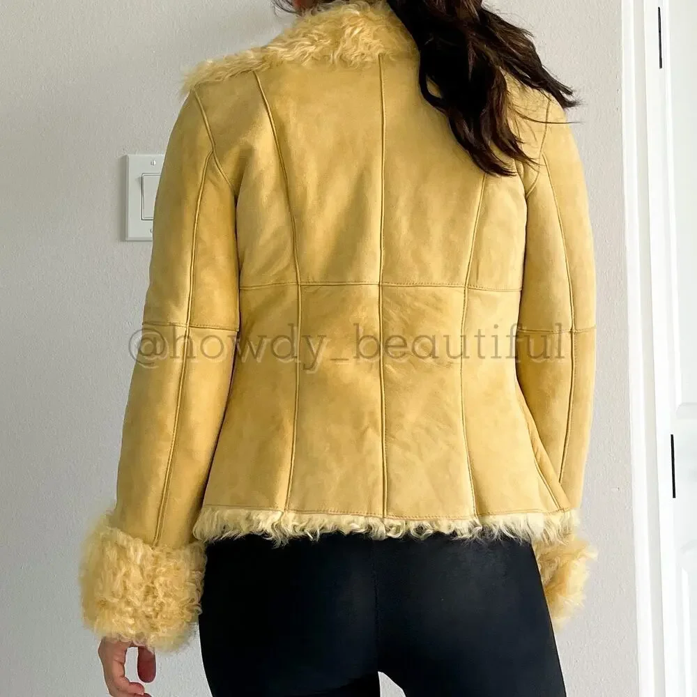 New Label SheepSkin Cream Yellow Leather Button Up shearling Jacket